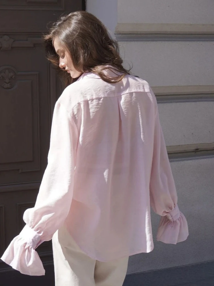 가을 신상 한국 패션 빈티지 우아한 여성 루즈핏 랜턴 소매 라펠 셔츠 오피스룩 캐주얼 솔리드 얇은 블라우스