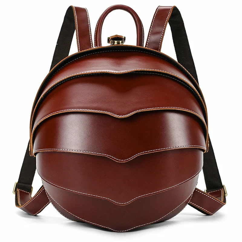 Women Fashion Genuine Leather Backpack Beetle Shape Real Leather Men Cowhide Rucksack Girls Red Cow Leather Casual Daypack