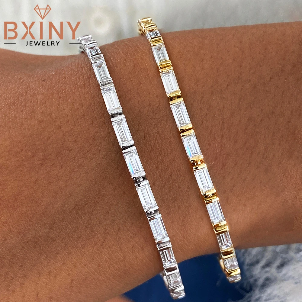 BXINY Baguette Emerald Cut Moissanite Tennis Bracelet Pure S925 Silver for Women Rectangle Diamond Link Chain Fine Jewelry Gifts