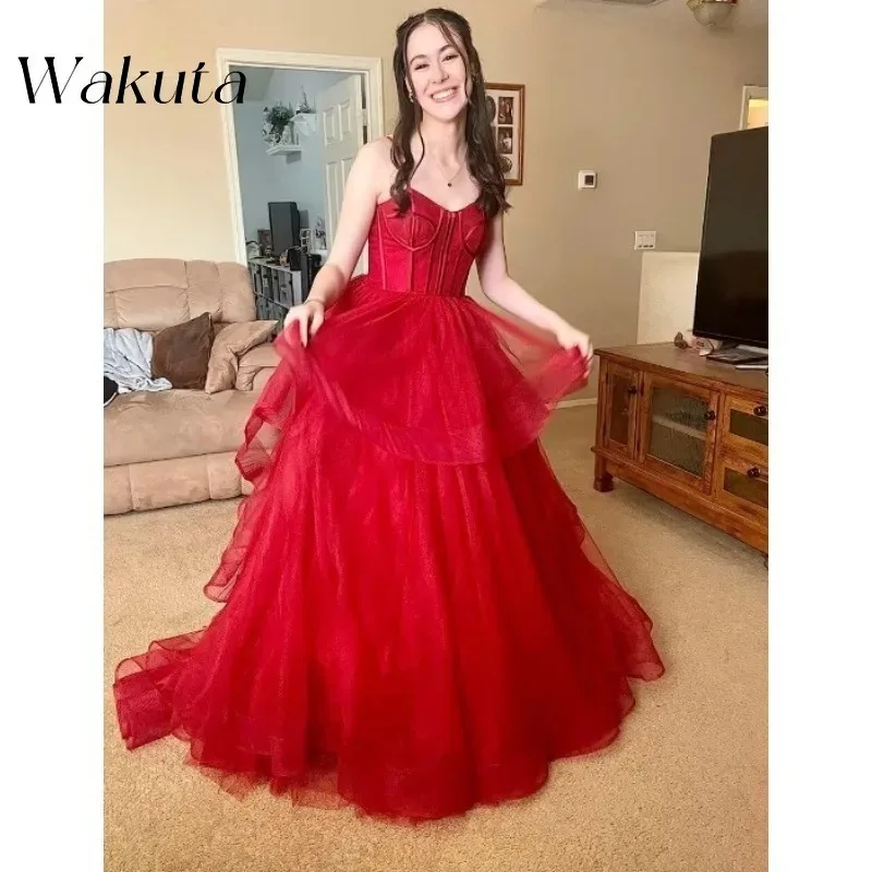 Wakuta French Sexy Strapless Mesh Robe Vintage Waist Pleated Solid Tiered Gowns Fashion Fluffy Birthday Vestidos De Graduación