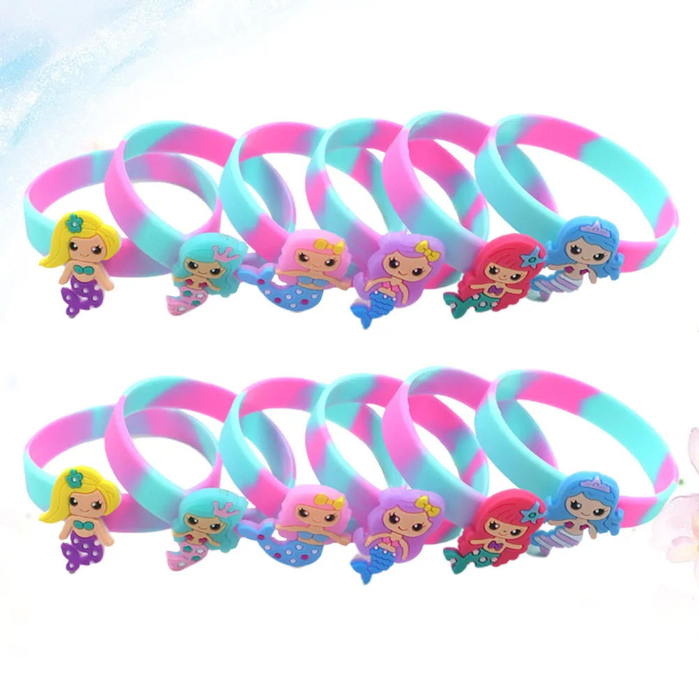 12 Uds. Pulseras coloridas para niños, pulseras de sirena de silicona, suaves, ecológicas, elásticas, impermeables para recuerdo de fiesta infantil