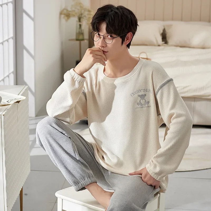 Fashion Design Pajamas Suit Men Autumn Winter Long-sleeved Korean Version Sleepwear Set Male Comfortable Loose Loungewear Gent