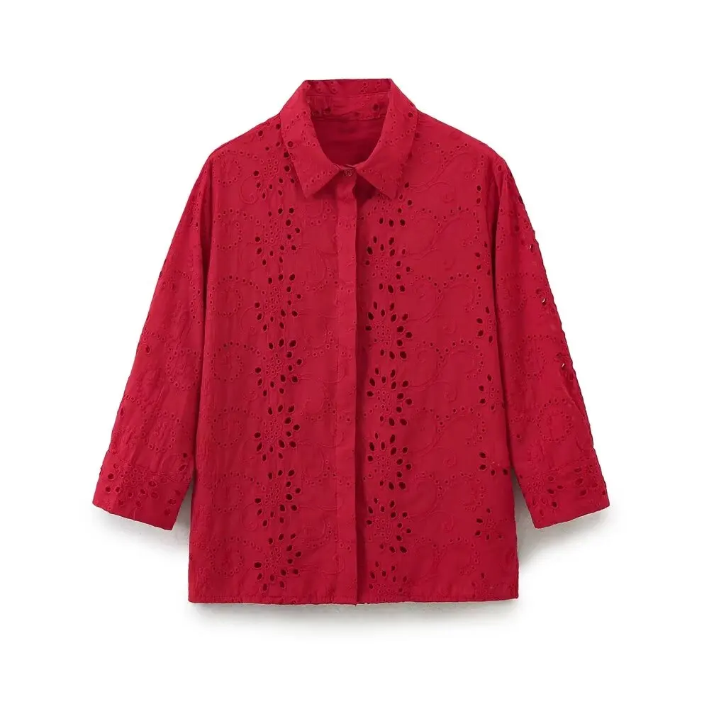 Tangada Women Red Embroidery Cotton Shirt Long Sleeve 2024 Female Blouse Tops 6H0280