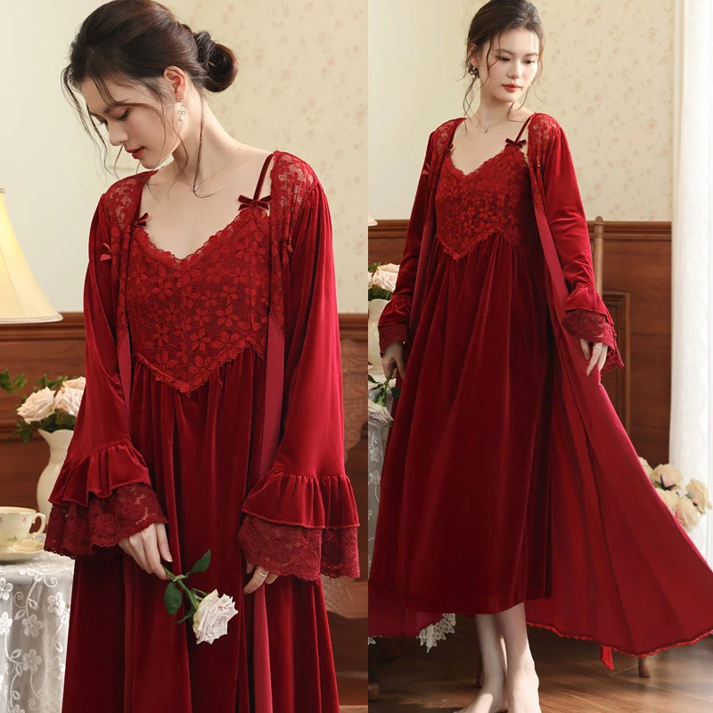

Luxury Velvet Long Robe Nightgown Set Female Sleepwear Sexy Lace Lingerie Homewear Autumn Winter Velour Bathrobe Lounge Wear
