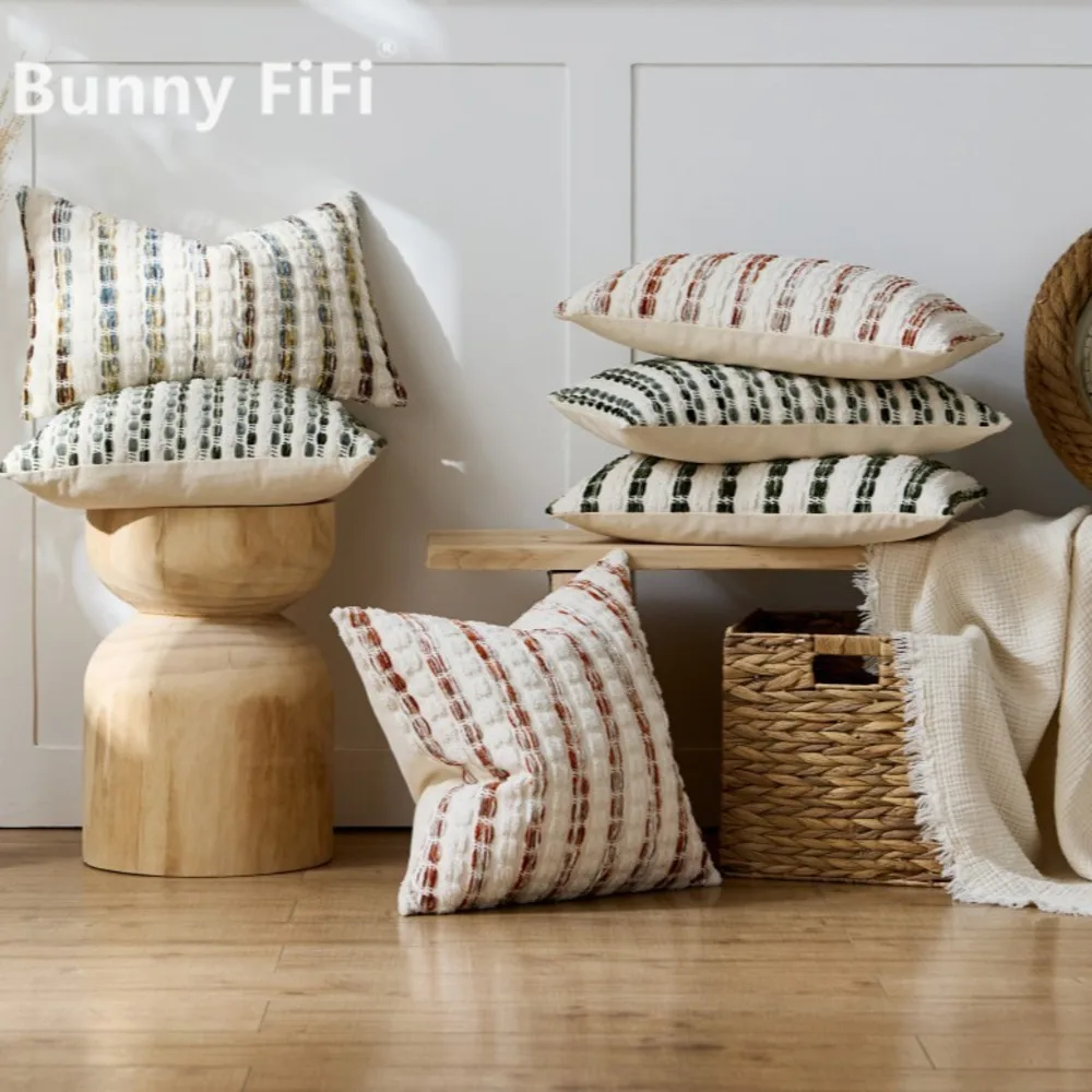 Boho Textured Tufted Stripes Pillow Covers Chenille Woven Decorative Cushion Case Neutral Pillowcase For Sofa Bed Home Decor