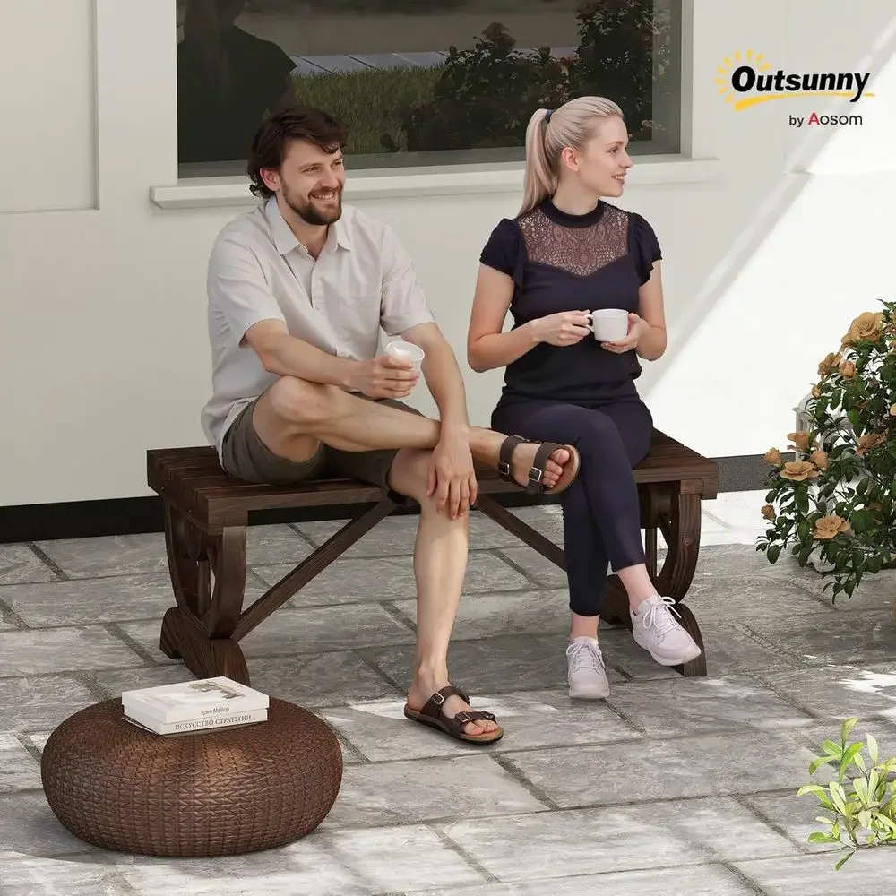 2-Person Wooden Garden Bench with Wagon Wheel Design, Durable Outdoor Patio Furniture, Brown