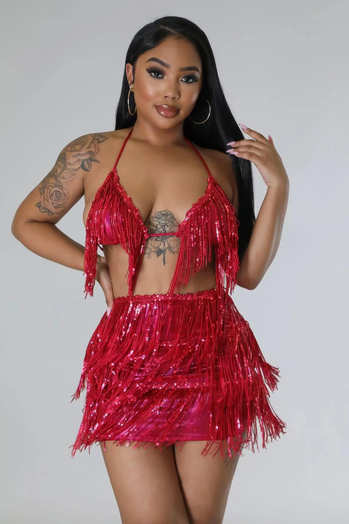 

Summer Sequin Tassel Sexy Two-piece Set Deep V Neck Cropped Crop Fringe Mini Skirt Set 2 Pieces Set Clubwear