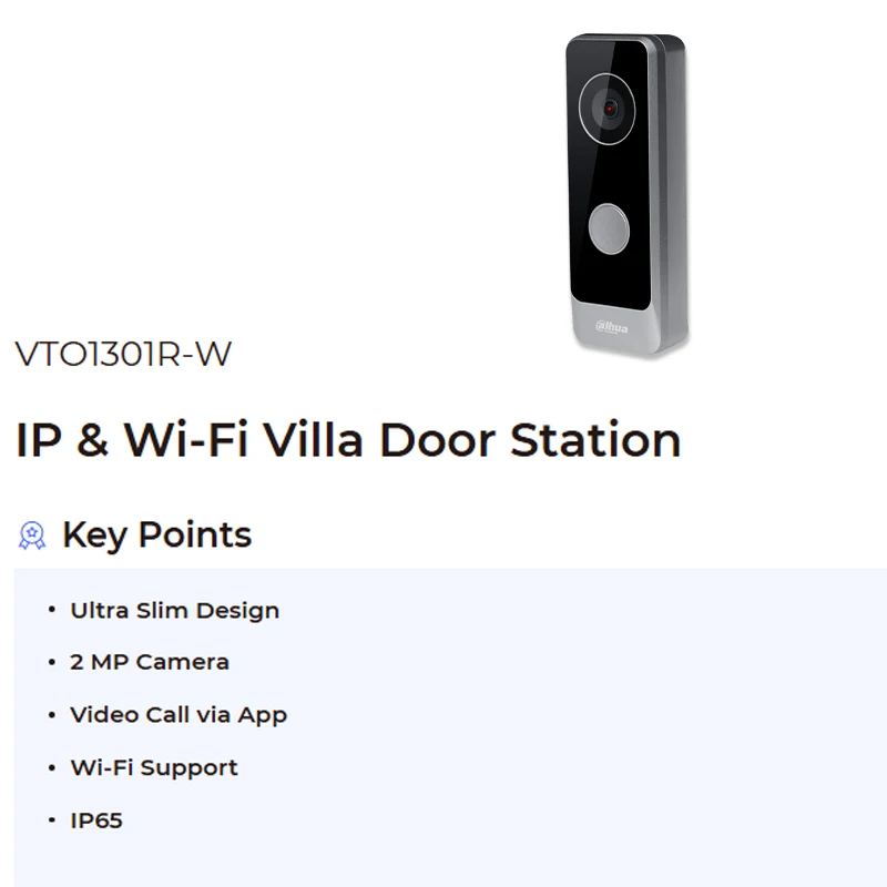 Dahua 2MP Mini Wifi Video Intercom Ultra Slim Wireless Doorbell Video Call via App Night Vision H.265 IP65 DC Power VTO1301R-W