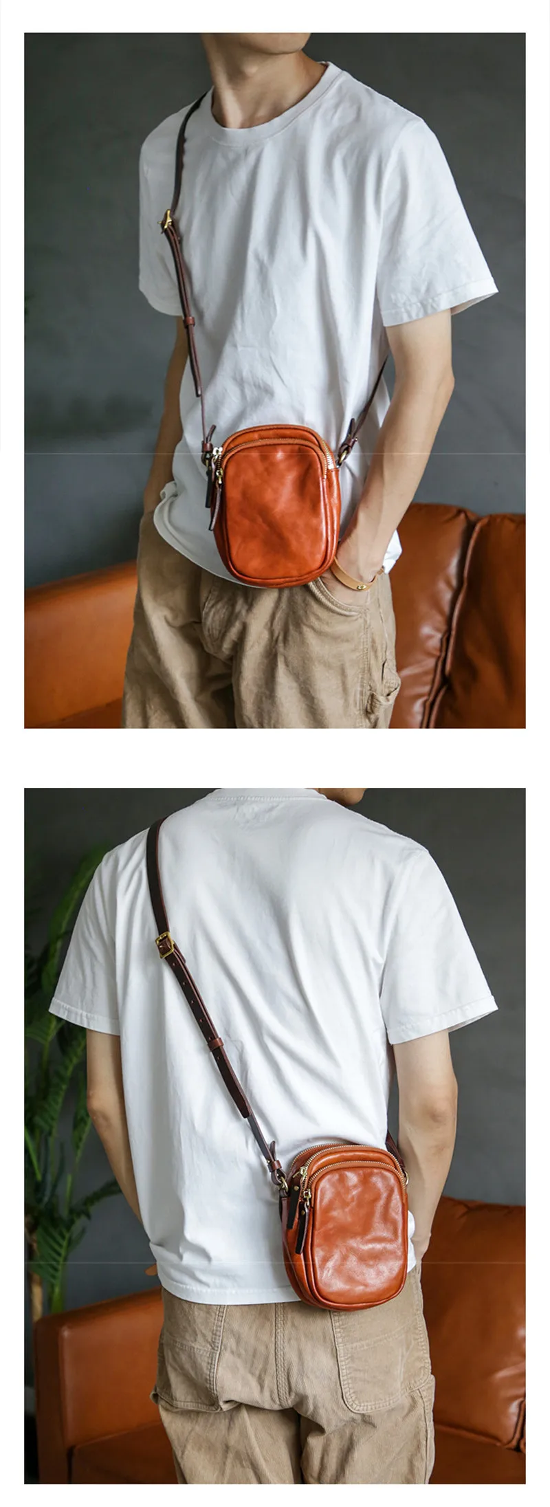 PNDME Einfache, lässige, hochwertige, natürliche Echtleder-Handytasche für Herren, leichte, beliebte Schulter-Umhängetasche – Detail 5