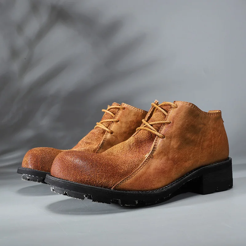 Men's Layer Leather Derby Retro High Top Round Head Low Top Workwear Casual Big Head Height Increasing Leather Shoes for Men
