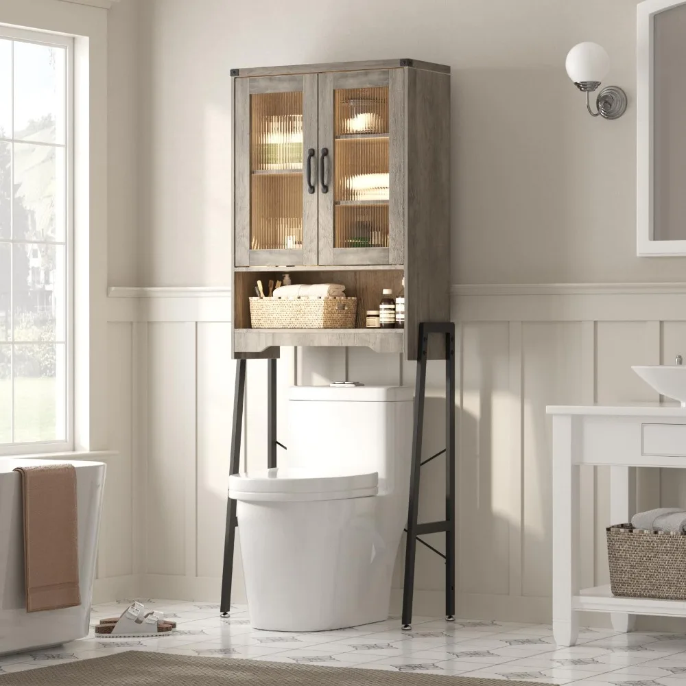 

Over The Toilet Storage Cabinet with Tempered Glass Doors and Adjustable Shelf with Metal Stand Space Saver Over Toilet