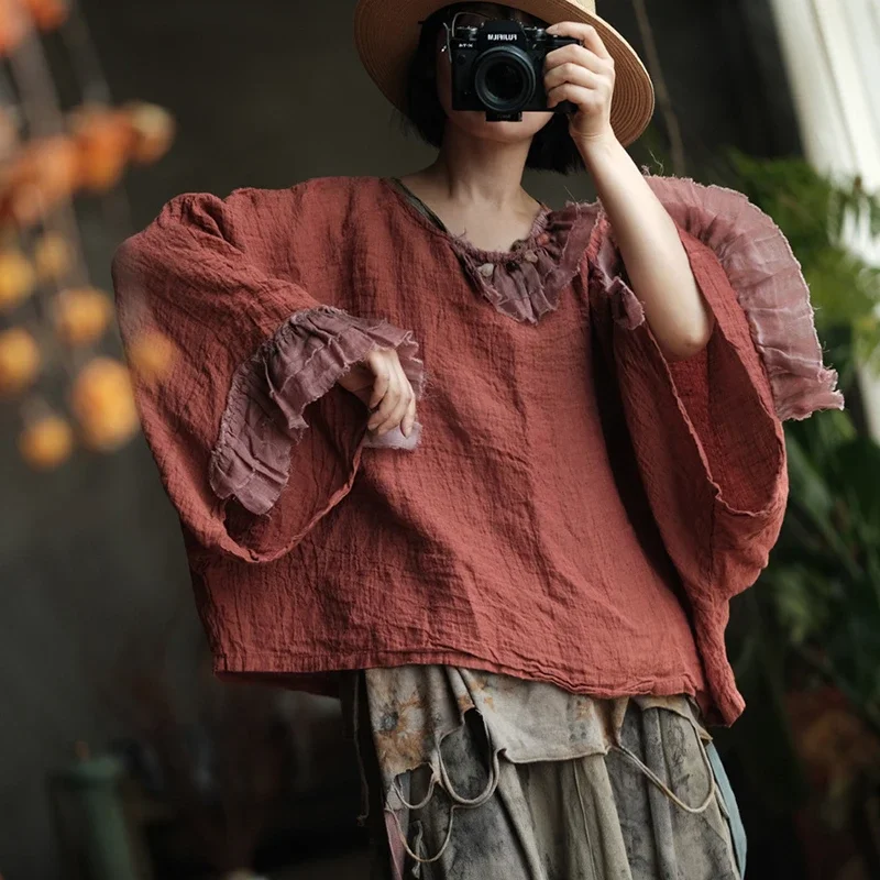 

Весенние винтажные свободные женские топы с круглым вырезом и рукавами «летучая мышь», футболки M1560, большие женские повседневные льняные футболки, Новое поступление 2025