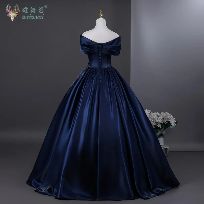Exquisite marineblaue Pailletten-Applikationen für den Abend, Abschlussball, Prinzessin, Geburtstag, bauschig, A-Linie, Satin-Ball, Bühnenperformance-Kostüm im Vintage-Stil