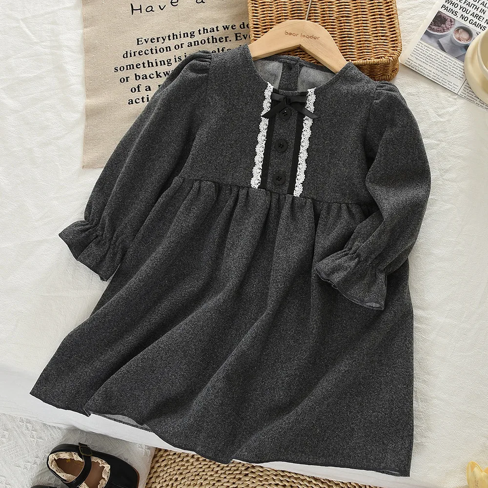 Spring and Autumn Solid Color Children's Clothing Grey Long Sleeve Bow Decoration Girls' Dresses Basic Simple Children's Dress