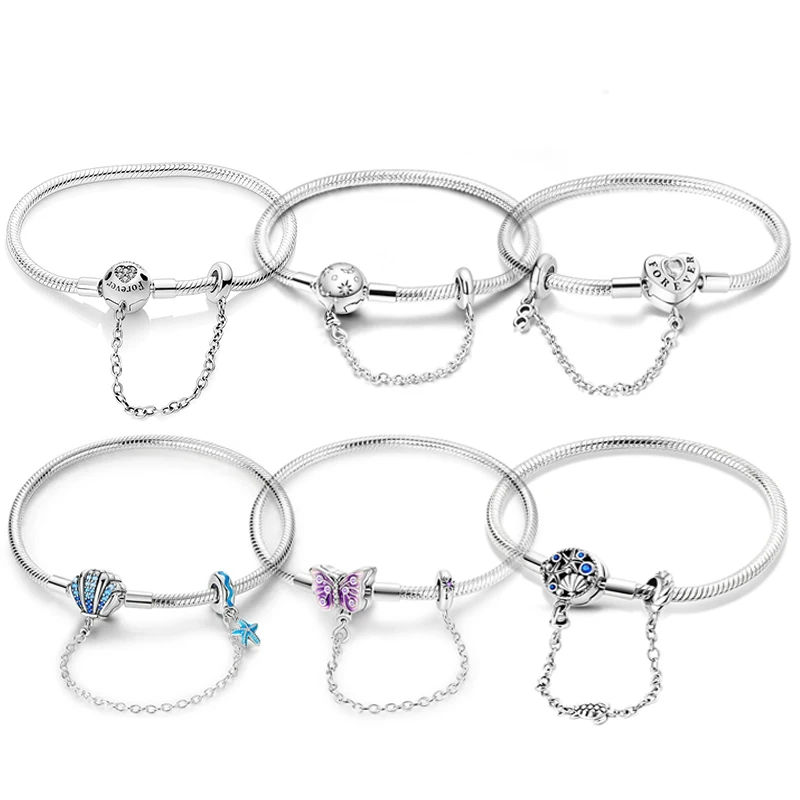 925 Sterling Silver Bracelet Original 17-20 cm Heart Shell Butterfly Bracelet Compatible with DIY Charms Beads Fine Jewelry Gift
