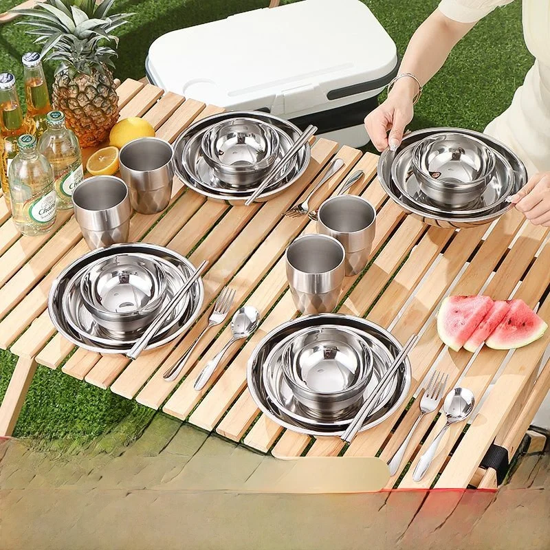 portable-outdoor-camping-stainless-steel-304-dining-set-bowl-plate-spoon-cup-chopsticks-set-picnic-bbq-supplies-dishware