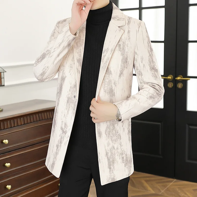 

2025 Men's woolen print, medium and long autumn and winter, fashionable, woolen casual blazer