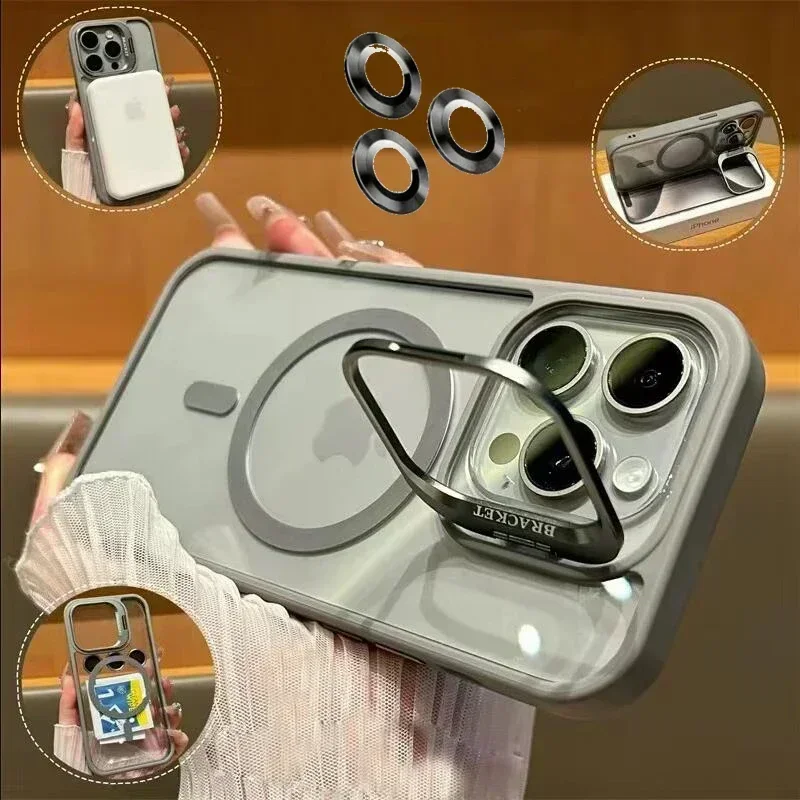 Lens Protect Stand Phone Case For IPhone 15 12 13 14 11 Pro Max Plus For Magsafe Magnetic Camera Glass Metal Ring Holder Cover