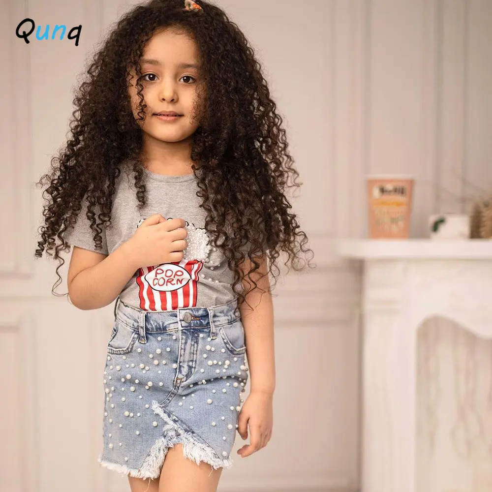 Qunq Summer New Girls Print Short Sleeved Top + Beading Slit Cowboy Package Hip Skirt 2 Pieces Set Casual Kids Clothes Age 3T-8T