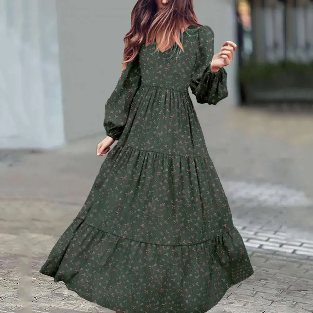 

Spring Maxi Dress Flower Print V Neck A-line Maxi Dress Loose Fit Lantern Sleeves Pleated Waist for Spring Fall Ladies Maxi