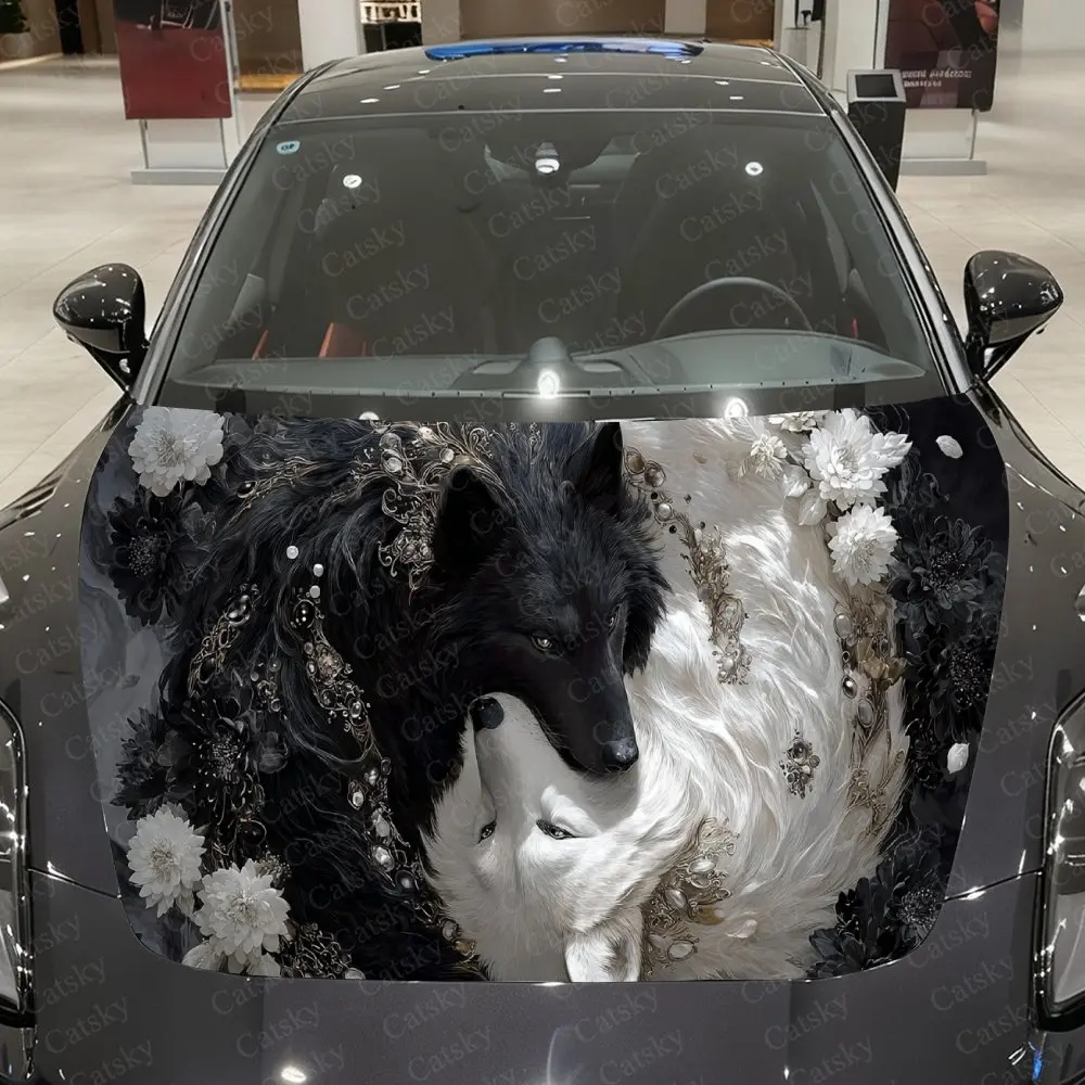 Black & White Dual Wolf Chrysanthemum Car Vinyl Wrap, PVC Waterproof Car Hood Sticker, Self-Adhesive Scratch-Resistant Stickers