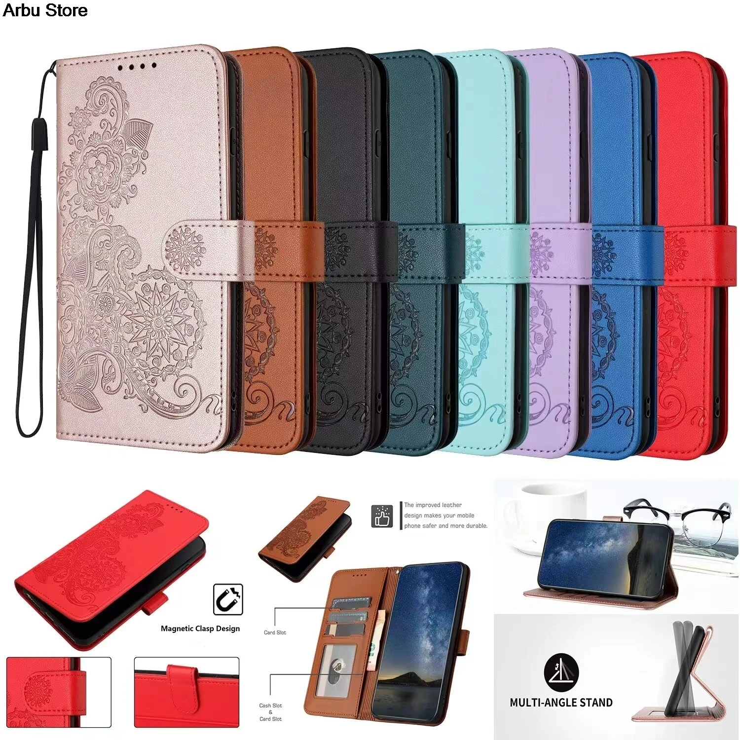 3D Emboss Mandala Wallet Case For iPhone 15 Pro Max 5G Flip Case Leather Magnet Book Funda For iPhone 15 Plus 15Pro Luxury Cover