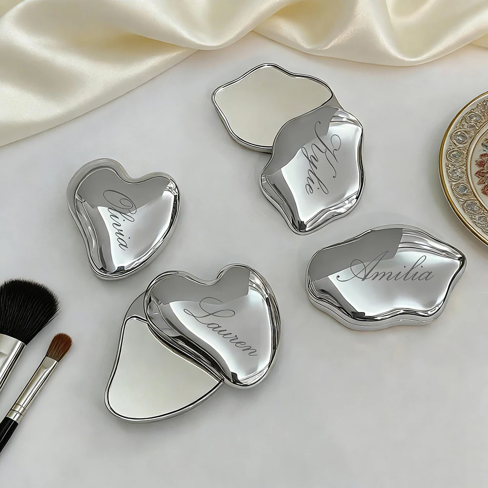 Personalized Cloud And Heart Shaped Compact Mirror Custom Bridesmaid Name Gifts Engraved Pocket Mirror for Her Gold/Silver Set