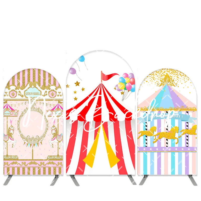 

Cute Circus Double-Sided Arch Birthday Backdrop Carnival Carousel Baby Shower Party Decor Big Top Tent Ferris Arch Banner