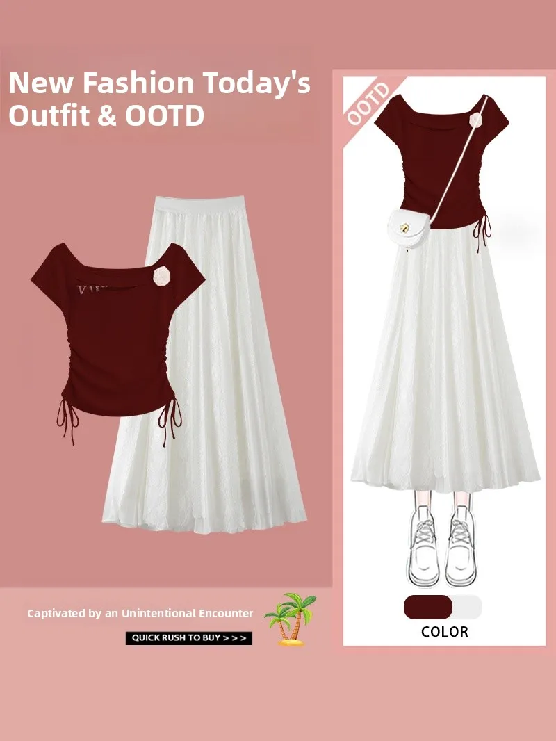 Slim Fit Short Sleeve Drawstring Top with High Waist Skirt for Commuting Summer 2026 Fashion Set High Waist Slimming Effect