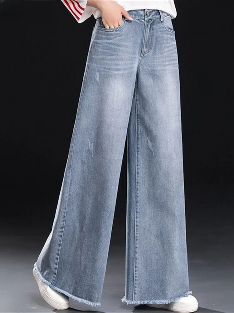 

Spring High Waist Wide Leg Jeans Women's Faion Cleanfit Sle Mid-aged plus Size PU Fabric Jeans Ladies Premium Clothing