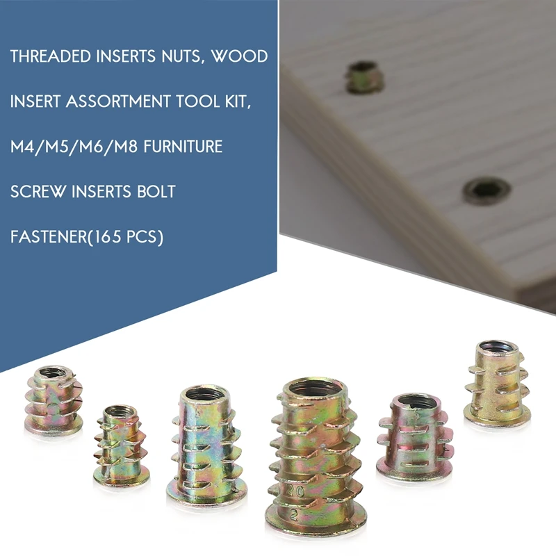 A76X-moeren met schroefdraad, assortiment gereedschapsset voor houten inzetstukken, /M5/M6/M8 meubelschroef inzetstukken boutbevestiging (165 stuks)
