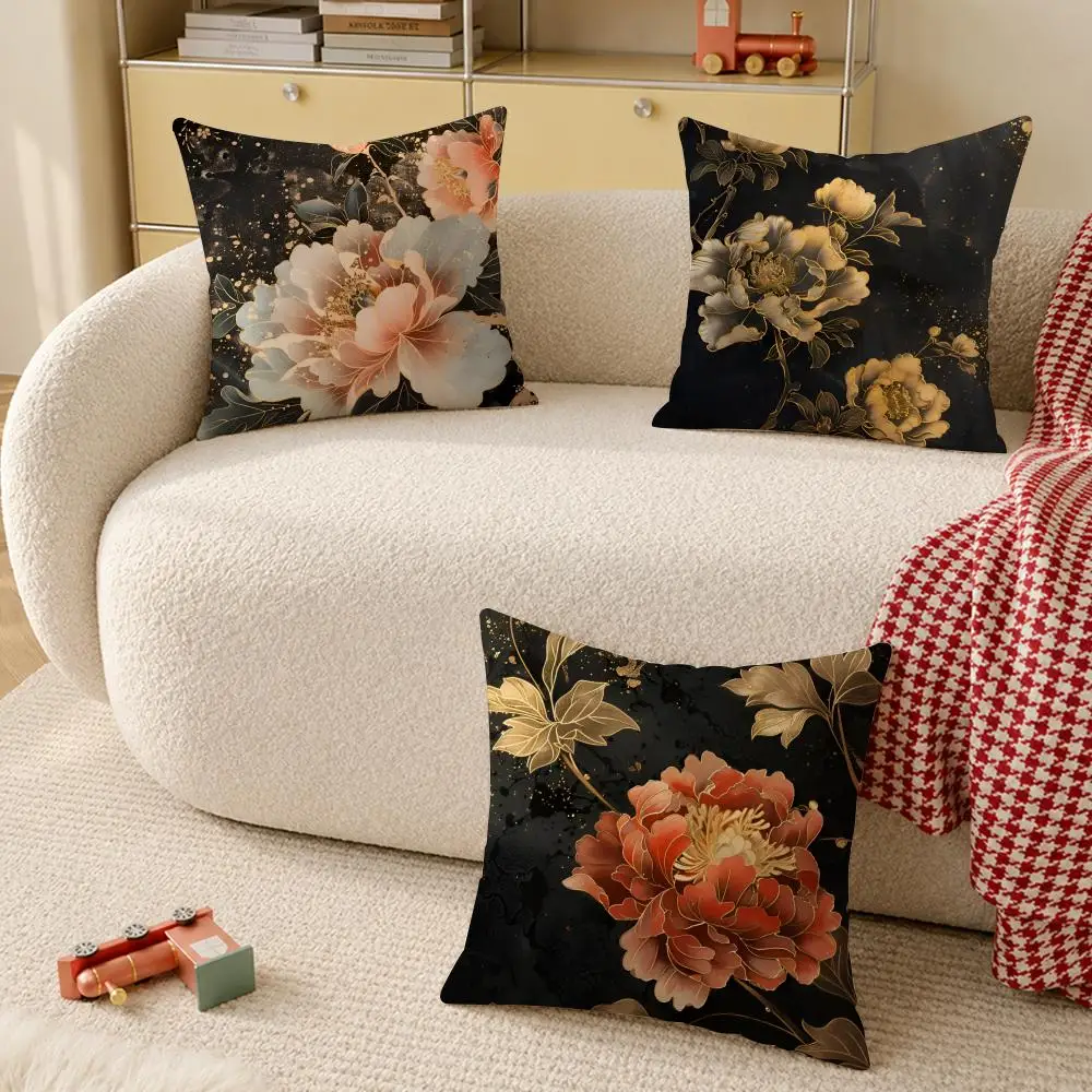 fashion Peony Cushion Cover Anti-dustmite Pillowcase Invisible zipper silky short plush Sofa cushion cover