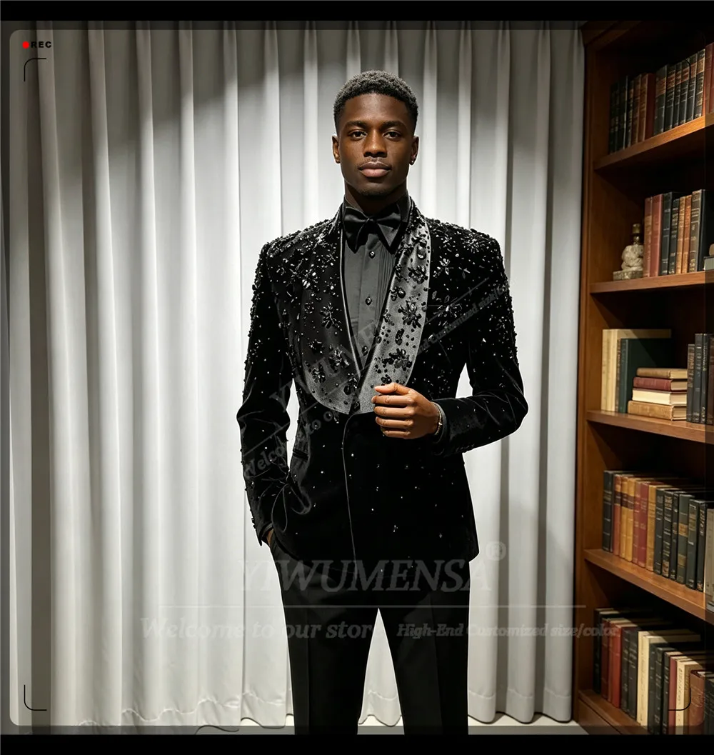 Exclusive Beaded Stones Suits Men For Wedding Satin Label Velvet Prom Blazer With Pants 2 Piece Sets Groom Tuxedos Man Outfits