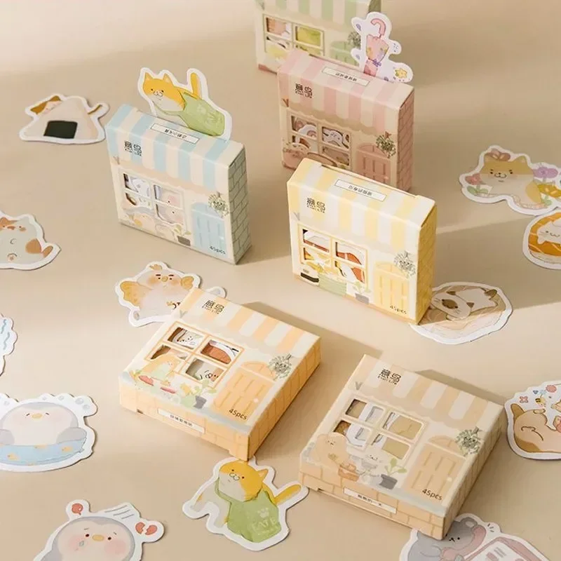 

45Pcs per mini BOX Cute animal stickers Cat sushi Fat orange cat Bird Bear penguin pink pig Cartoon scrapbook decoration 4*4 CM