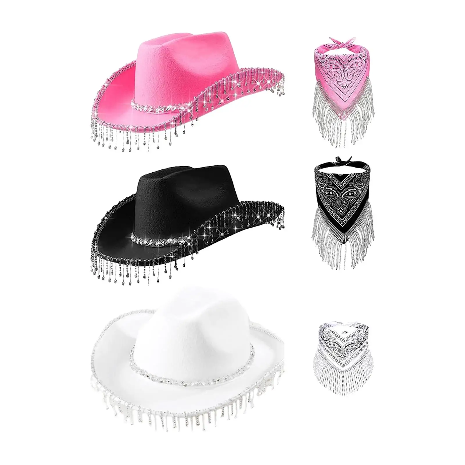 Felt Cowgirl Hat Glitter Rhinestone Fringe Cowboy Hat with Fringed Bandana Bling Tassels Halloween Cosplay Costumes Props