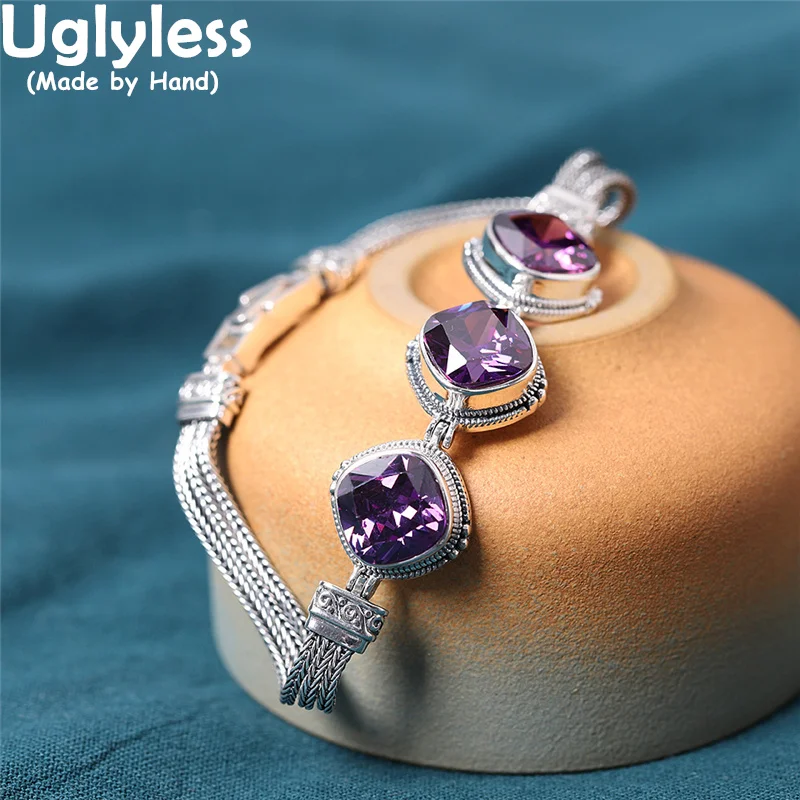 Uglyless Like a Cube Candy Square Crystals Bracelets for Women Thai Silver Multi-Chain Bracelet 925 Silver Exotic Jewelry Purple