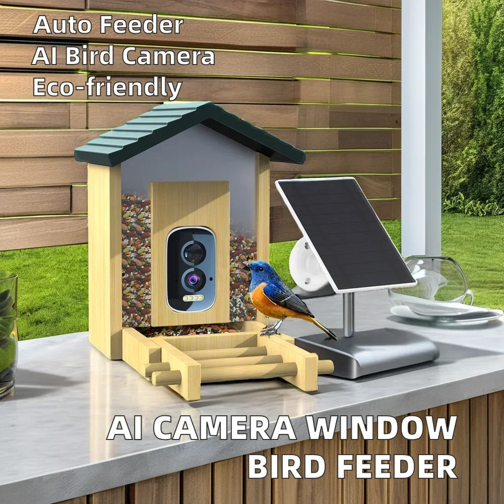 

180 Degree Automatic Indoor Window Bamboo Bird Feeder Waterproof 2.5K AI Camera Wood Bird's Nest Capacity Battery-Powered Water