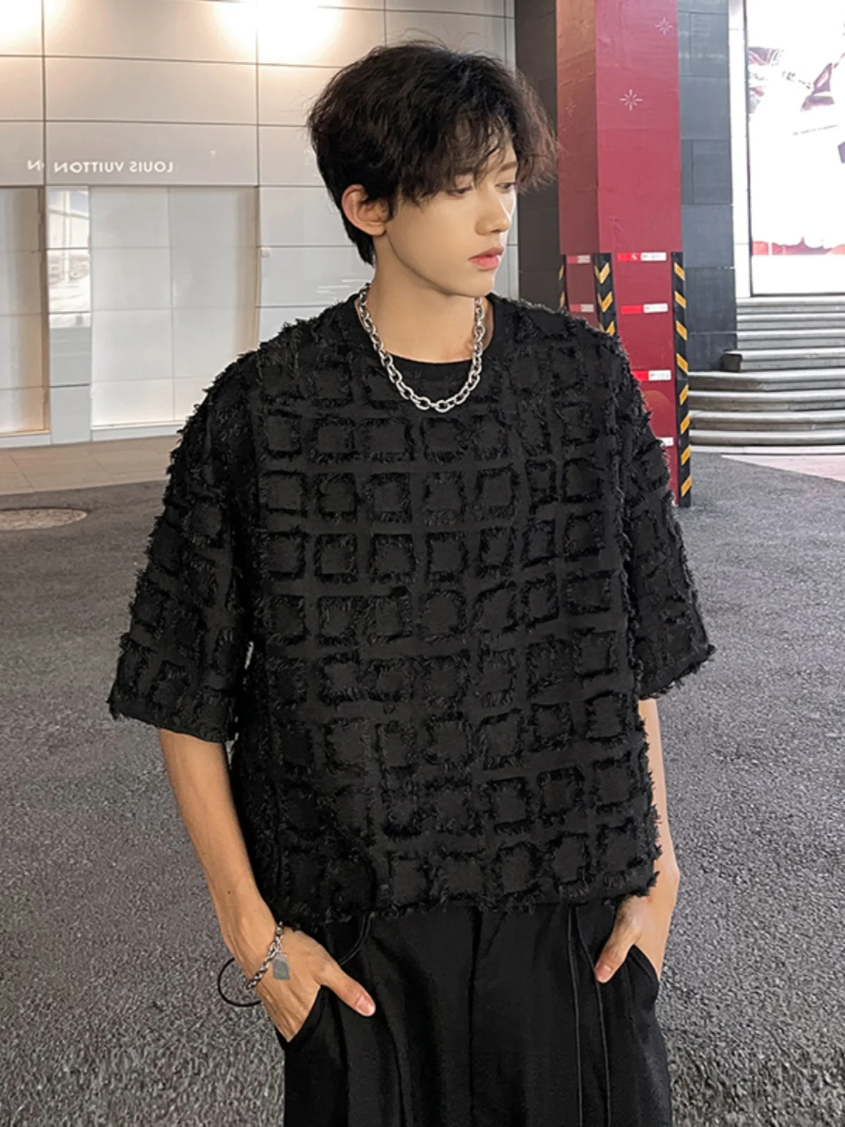 

Black Plaid Half Sleeve T-Shirt Men's Fashion Brand Design Summer Trend Inner Wear Casual Loose Fit Breathable Short Sleeve