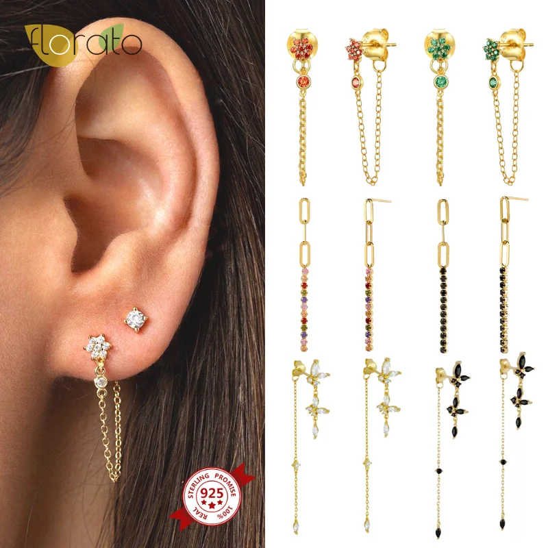 

925 Sterling Silver Ear Needle Colorful Water Drop Chain Stud Earrings for Women Simple Tassel Pendant Piercing Earring Jewelry
