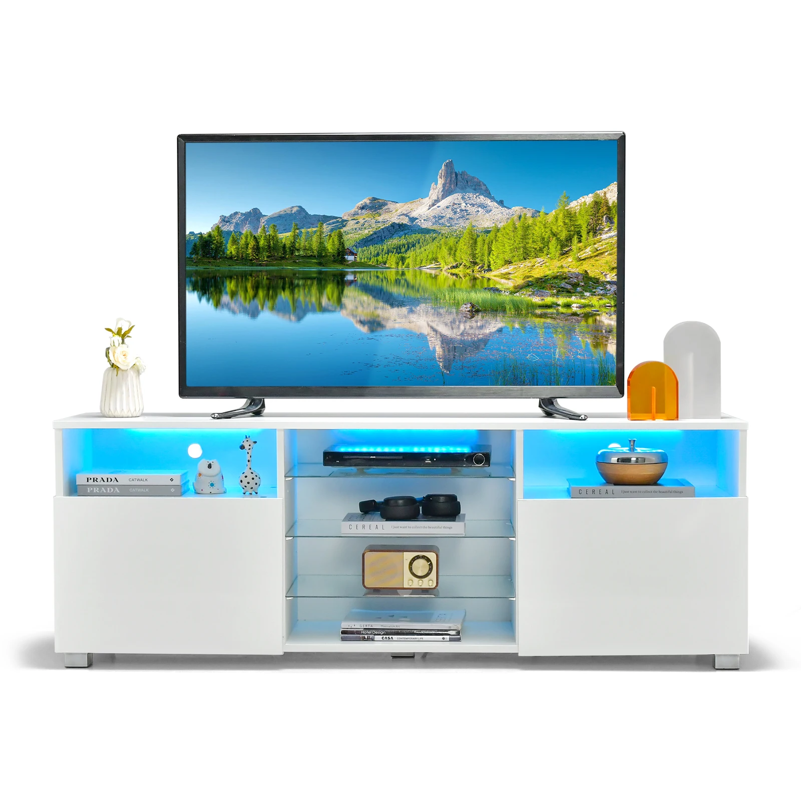 TV wardrobe with LED lighting, adjustable colors, TV table with 2 doors and adjustable glass tablets, TV lowboard for