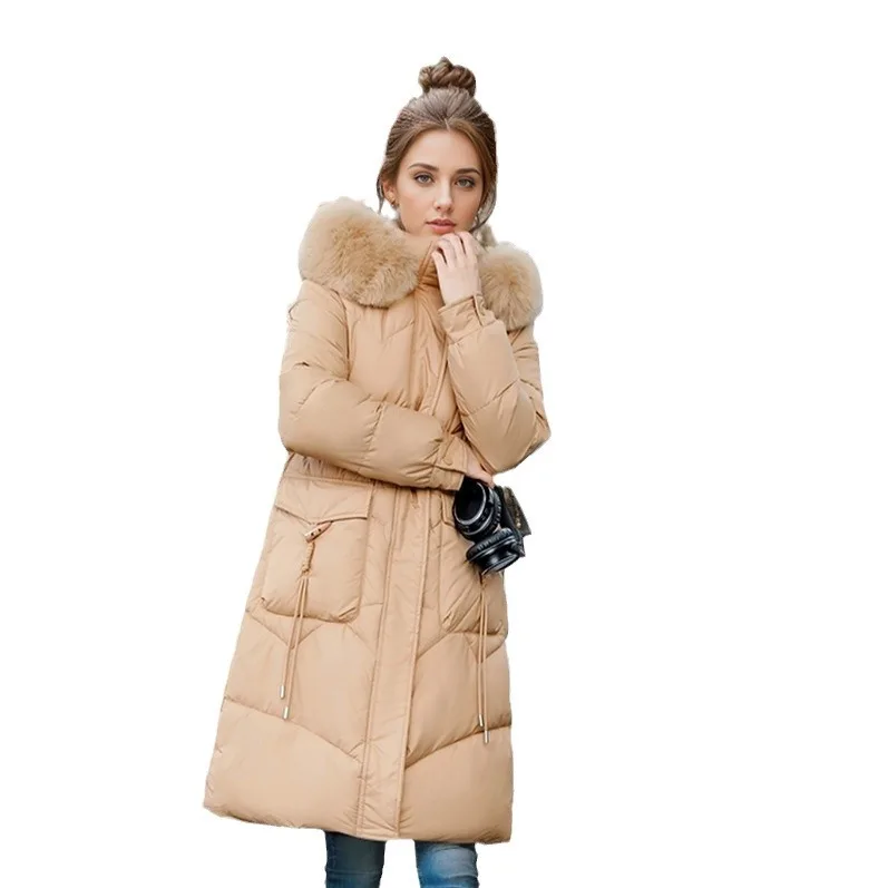 Women\'s Padded Jacket Female Big Fur Collar Warm Jacket Winter Women\'s Hooded Pure Color 2 Pocket Cotton Jacket Women\'s Clothing