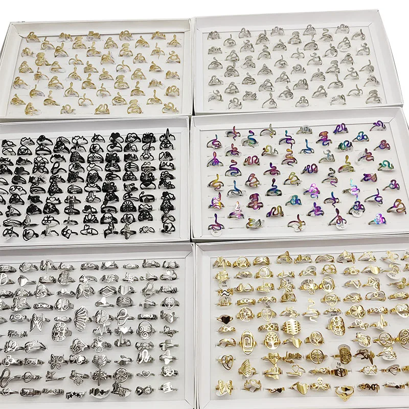 50pcs/Lot Wholesale Thin New Design Stainless Steel Finger Rings For Women Party Decorate Jewelry Mix Style And Size Girl Gifts