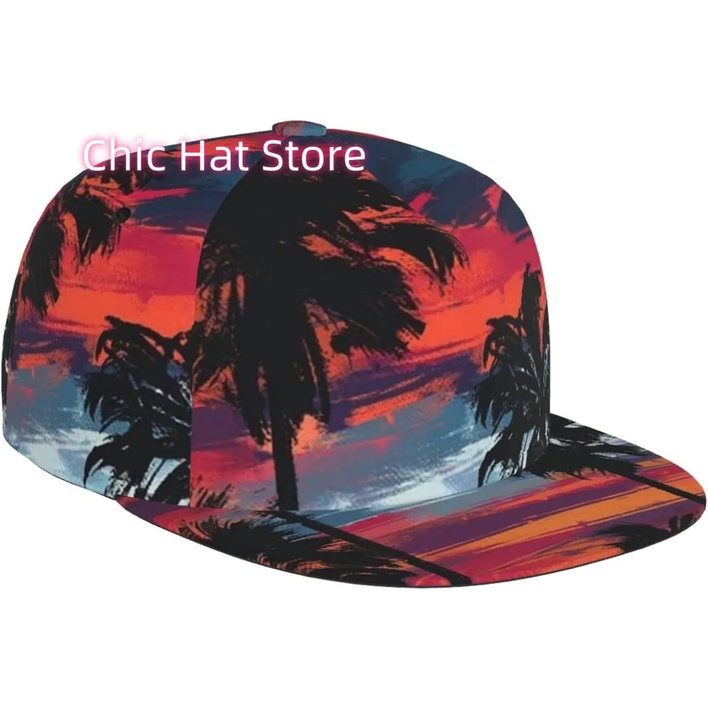 Snapback Hat Cap Hip Hop Style Flat Bill Trucker Hats for Men Women Adjustable Baseball Cap for Running Tropical Palm Tree