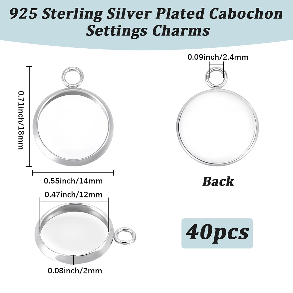 40Pcs Blank Bezel Pendant Trays Base 12mm Sterling Silver Plated 304 Stainless Steel Round Blank Bezel Pendant Cabochon Settings