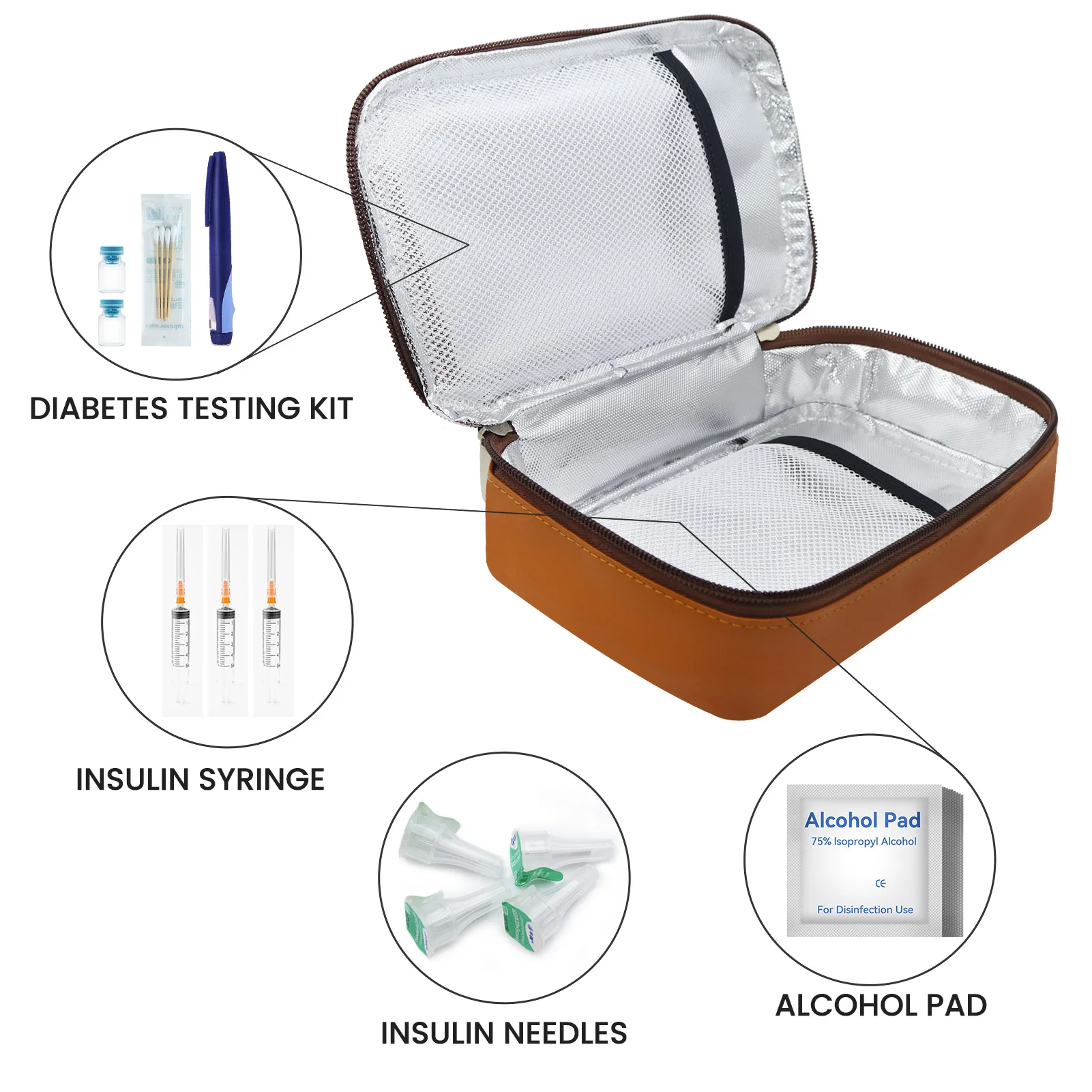 Brown Portable Diabetic Supplies Organizer Bag, Single Layer/Double Layer Insulin Travel Case, Bag Only
