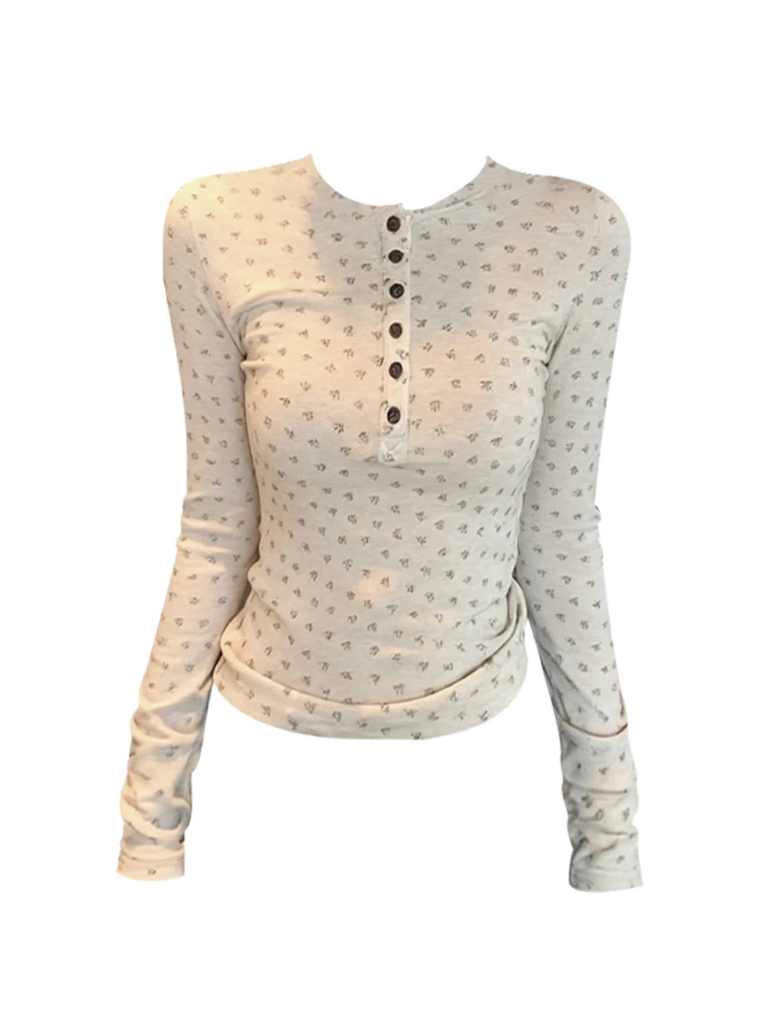 Women Brown Flower Print T-shirt Aesthetic Y2k Gyaru O-Neck Tee Top 2000s Vintage Long Sleeve T-shirt Clothes Spring Autumn 2025