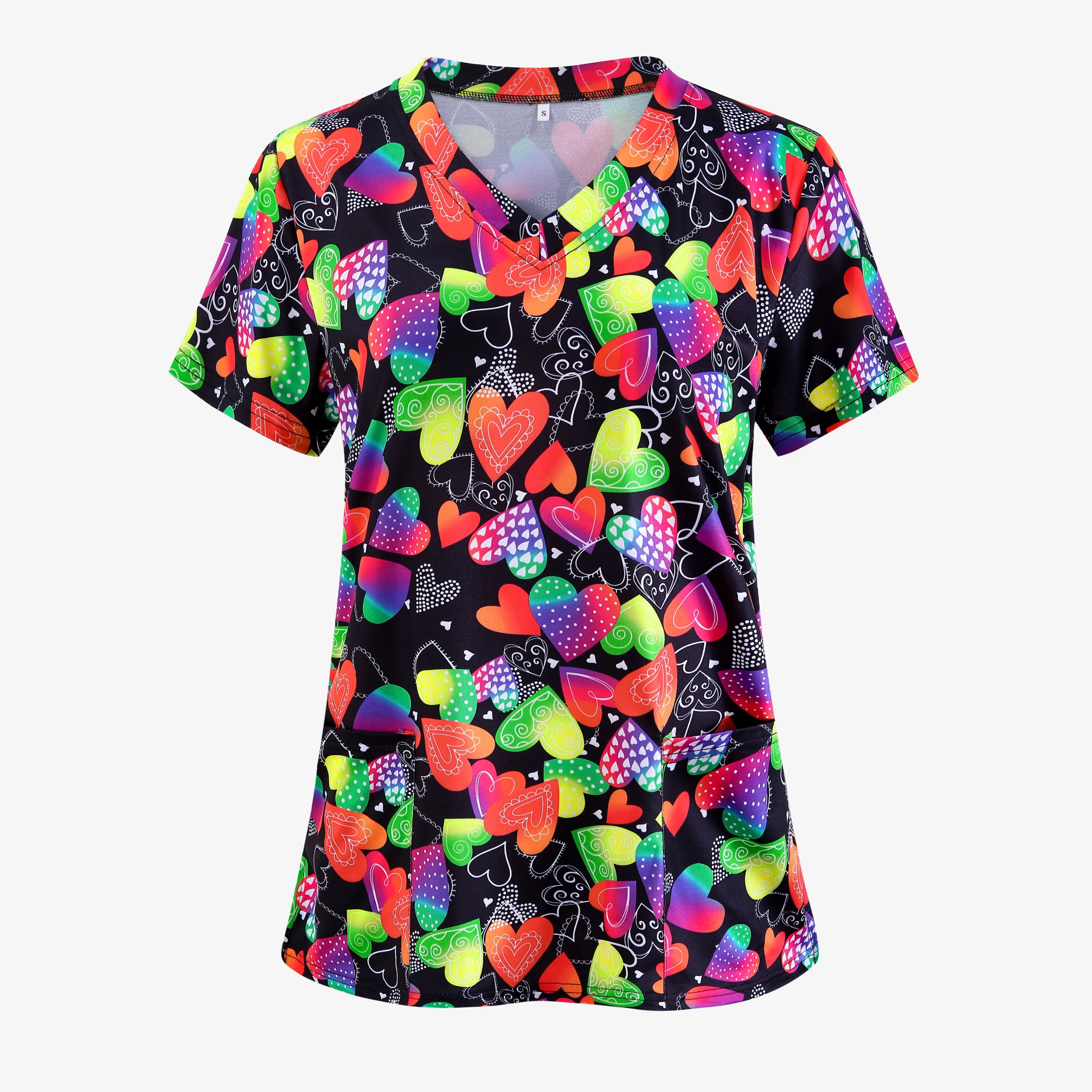 

Valentine's Day Clothes Love Heart Printed Women Nurse Uniform T-shirts Pocket Front Tops Casual Short Sleeve V Neck Workwear