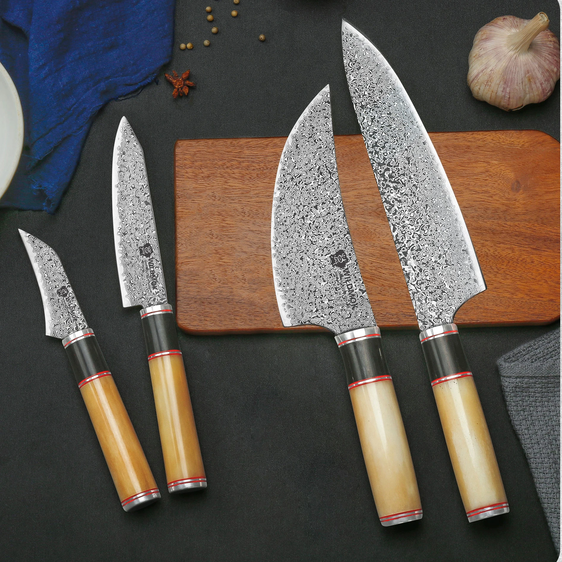 WILDMOK Professional Forged Damascus Steel Chef Knife Set, Ergonomic Natural Camel Bone Handle, Kitchen Cutting Tool
