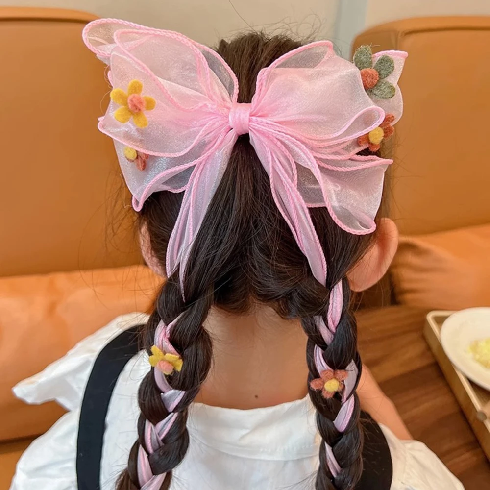 Students Hair Accessories Sweet Flower Bow Hair Clips For Girls Long Ribbon Chiffon Hairpin Children Kids Barrettes