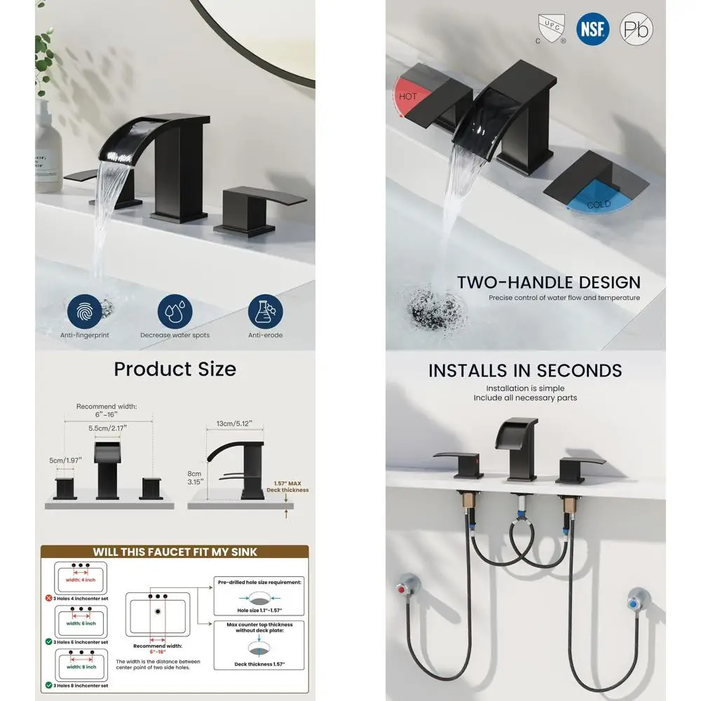 

8 Widespread Matte Black Bathroom Sink Faucet Set with 3 Holes, 2 Handles, Pop-Up Drain & Supply Lines